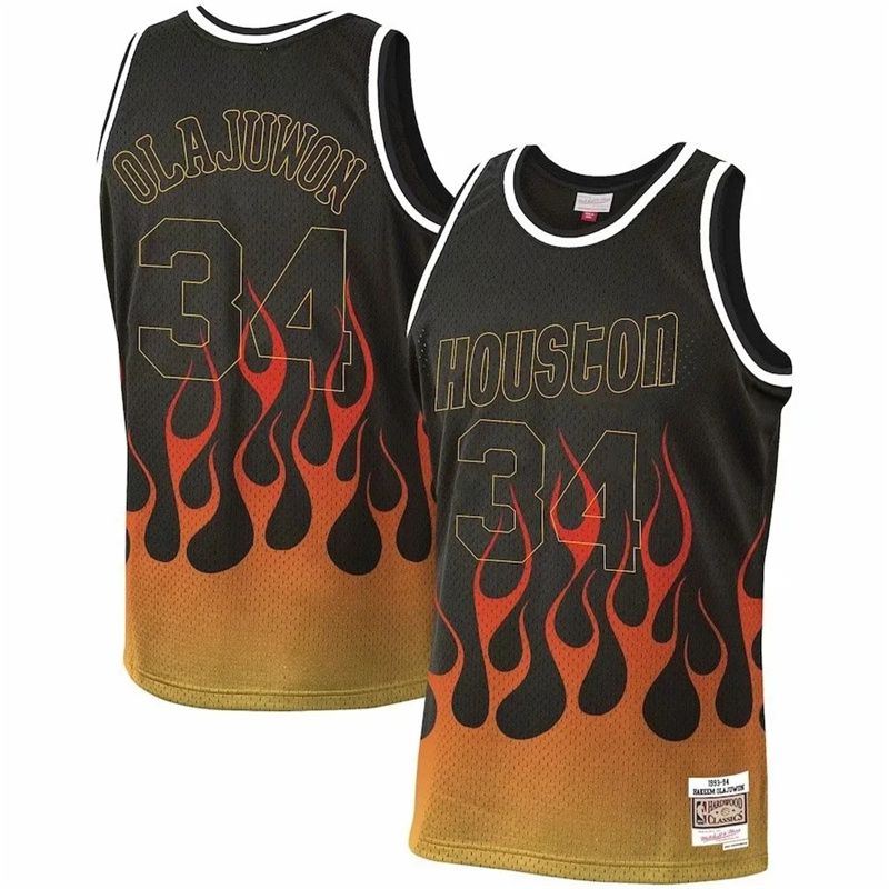 Men Houston Rockets #34 Olajuwon Black Flame retro NBA Jersey->toronto raptors->NBA Jersey